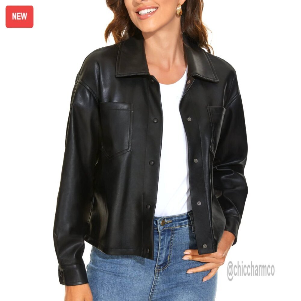 Faux Leather Shacket Moto Biker Jacket Loose Fit Blazer Plus Size S-XXL